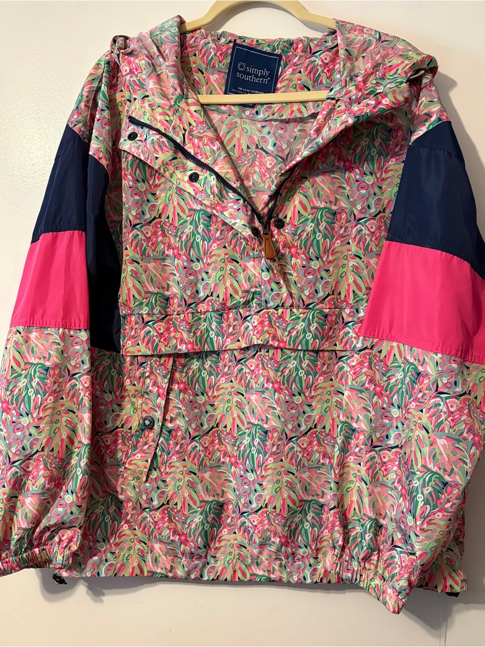 Simply Southern Pink Floral Pullover Anorak with Navy & Bright Pink Panels